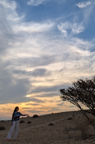Person holding out hand under a setting sun in the desert